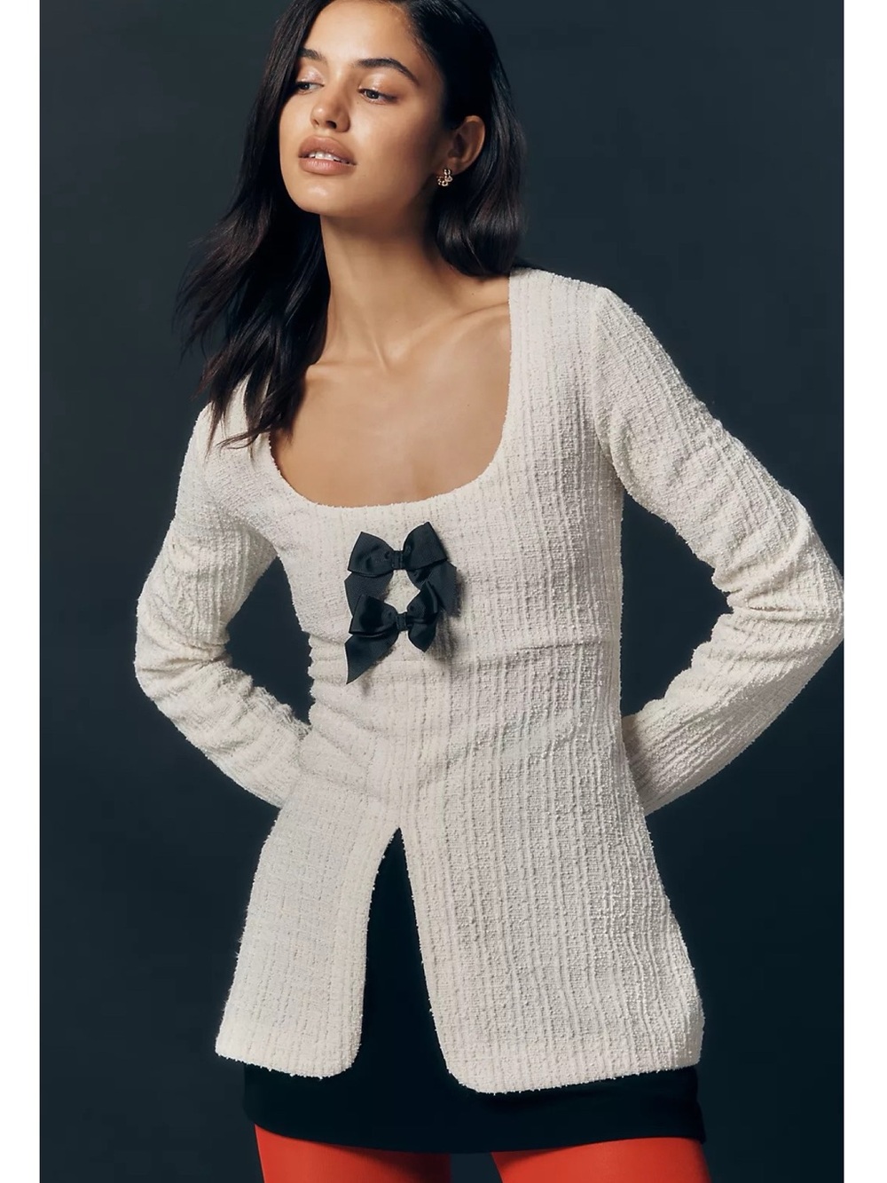 NWT Anthropologie Maeve Bow Knit Scoop Neck Long Sleeve Top Ivory